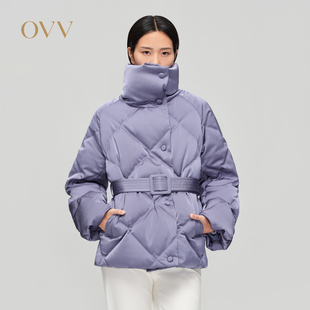 OVV2023秋冬新款 光澤感緞面菱形格高領白鵝絨直筒羽絨服 女裝