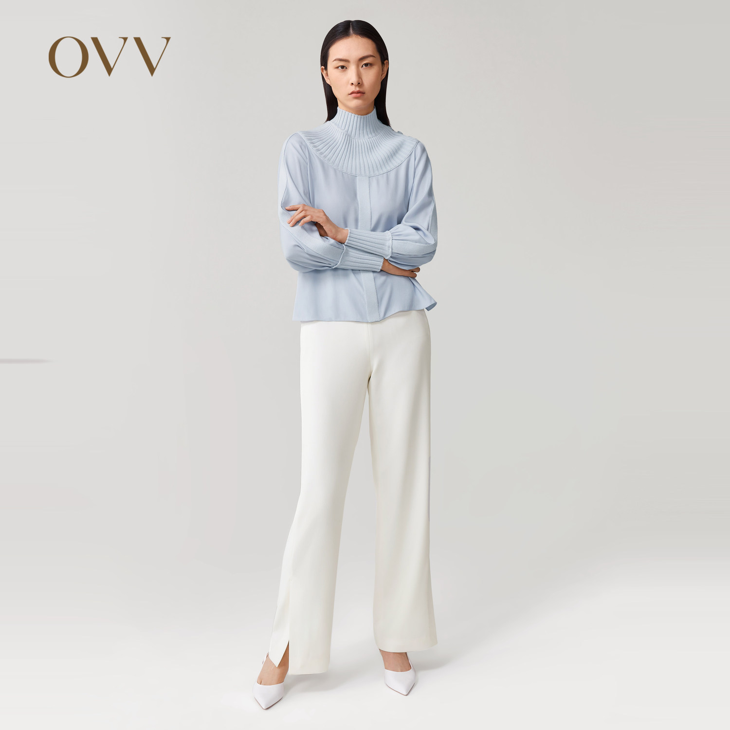 OVV Outlet秋冬真丝人棉丝羊毛针梭相拼开叉侧摆高领衬衫