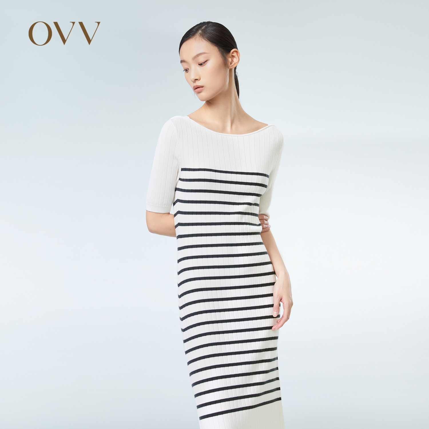 OVV Outlet 春夏新款女天丝精纺羊毛混纺条纹短袖针织连衣裙