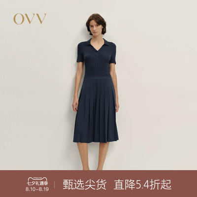 OVV秋冬热卖女装针梭镶拼四面弹休闲通勤短袖百褶连衣裙