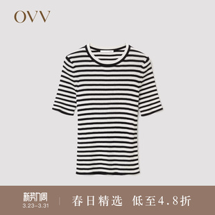 针织衫 OVVOutlet秋冬热卖 简约圆领短袖 丝棉清爽条纹经典 女装