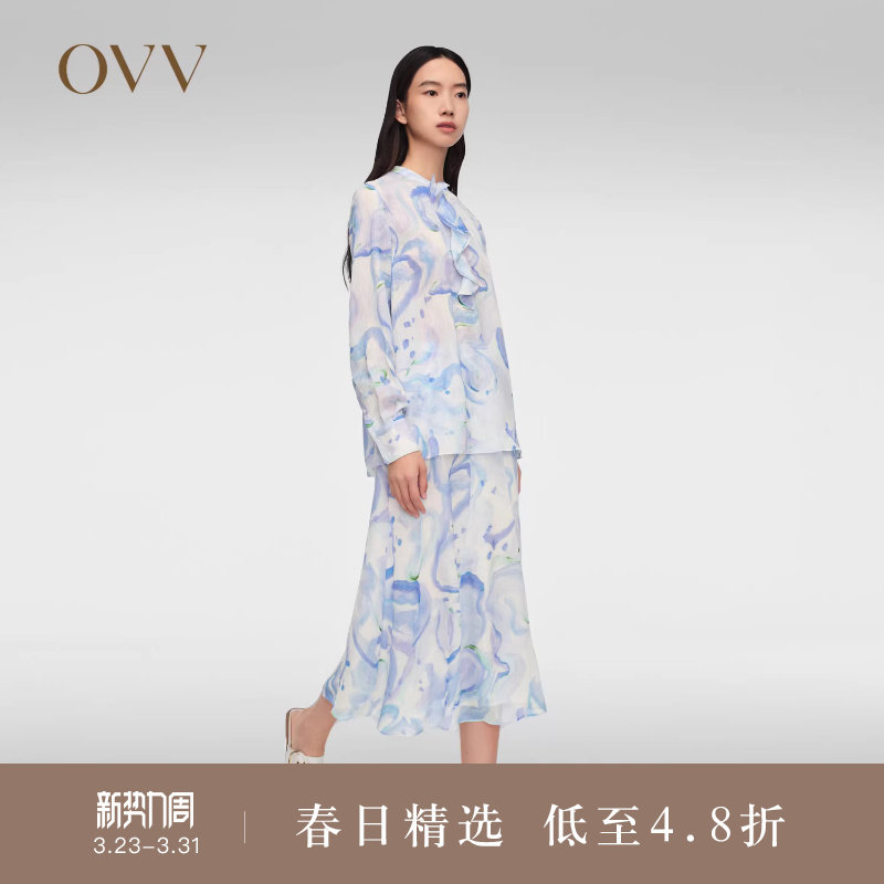 【抽象笔刷印花】OVV春夏热卖女装飘带雪纺衫长袖衬衫