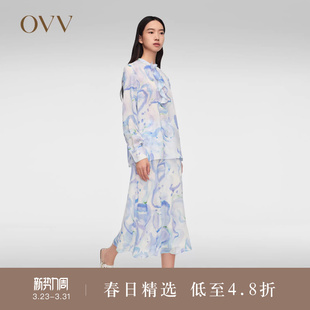 抽象笔刷印花 长袖 OVV春夏热卖 飘带雪纺衫 衬衫 女装