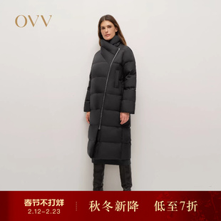 OVV2025秋冬新款女装立领斜拉链横绗线保暖中长款羽绒服
