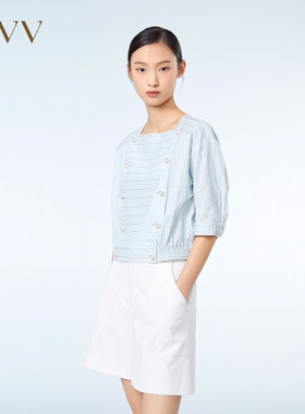 OVVOutlet 春夏新款女色织丝棉条纹复古双排扣方领短款短袖上衣