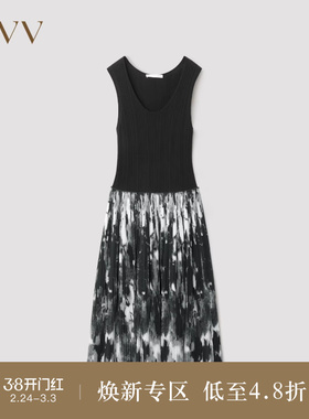 【黄金羊毛】OVVOutlet秋冬热卖女装针梭镶拼印花无袖连衣裙