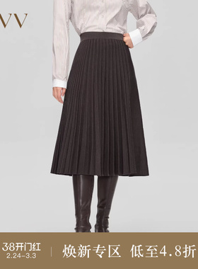 【可机洗黄金羊毛】OVVOutlet秋冬新款女装A字百褶中长款半身裙