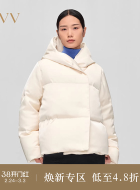OVV秋冬热卖女装光泽感面料蓬松连帽防风白鹅绒羽绒服