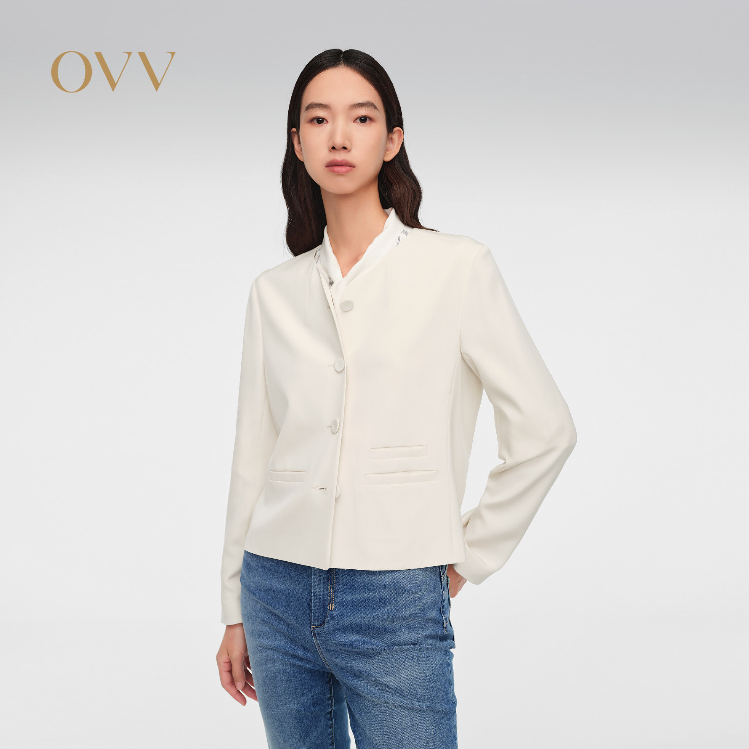 OVV春夏热卖女装22MM弹力重绉小V领休闲夹克外套