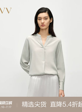 OVV2025春夏新款女装22MM弹力重绉V型小立领桑蚕丝长袖衬衫