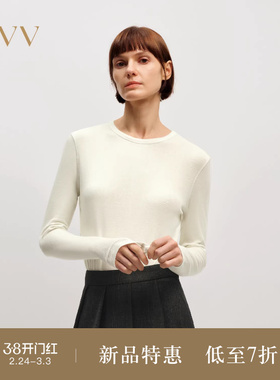 OVV2025秋冬新款女装天丝羊毛简约圆领基础打底长袖T恤