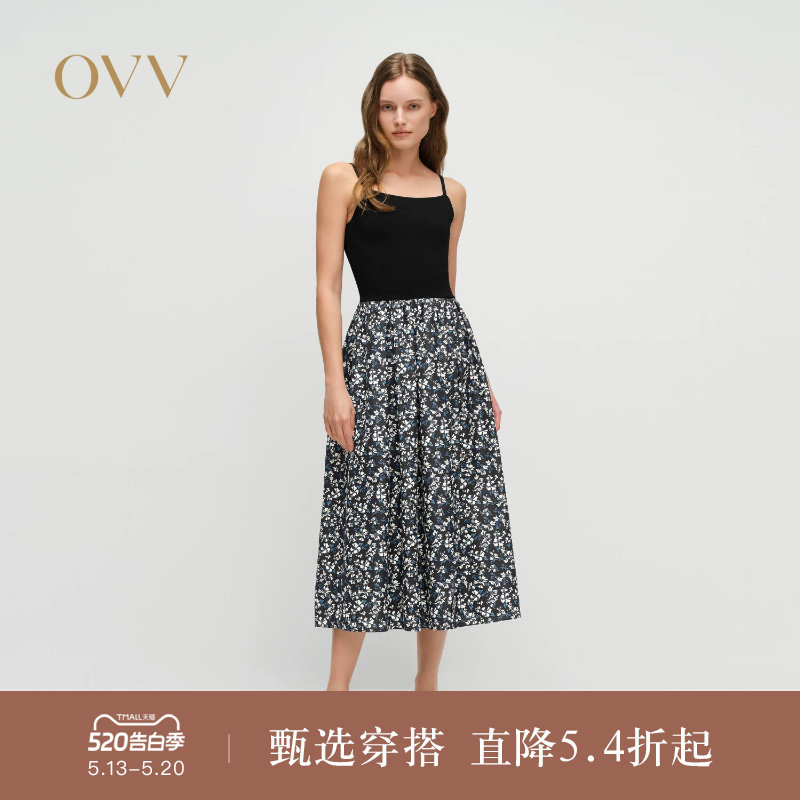 OVV2025春夏新款女装优雅法式风浪漫小碎花印花吊带裙
