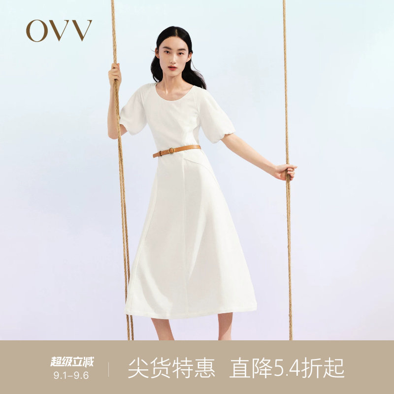 OVV春夏热卖女装单面缎三醋酸法式灯笼袖优雅飘逸短袖连衣裙图片