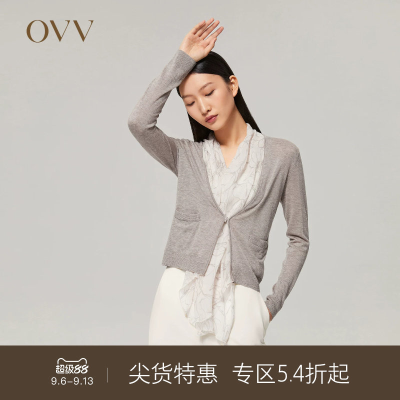 OVVOutlet秋冬女装水溶性羊毛拼接真丝印花长袖针织外套