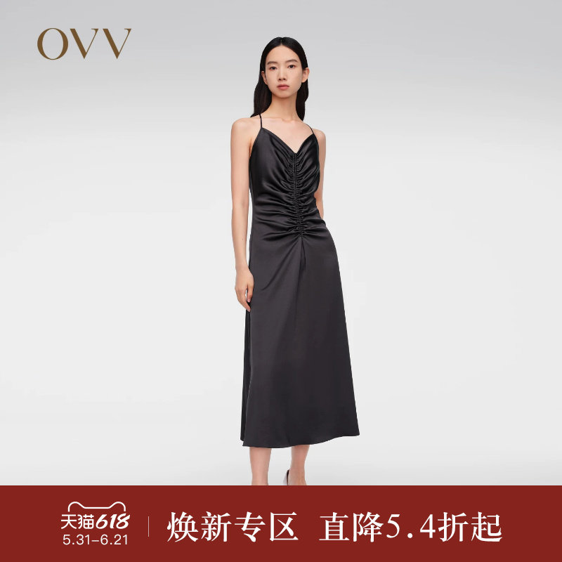 OVV春夏热卖女装优雅V领抽褶简约A字休闲吊带连衣裙