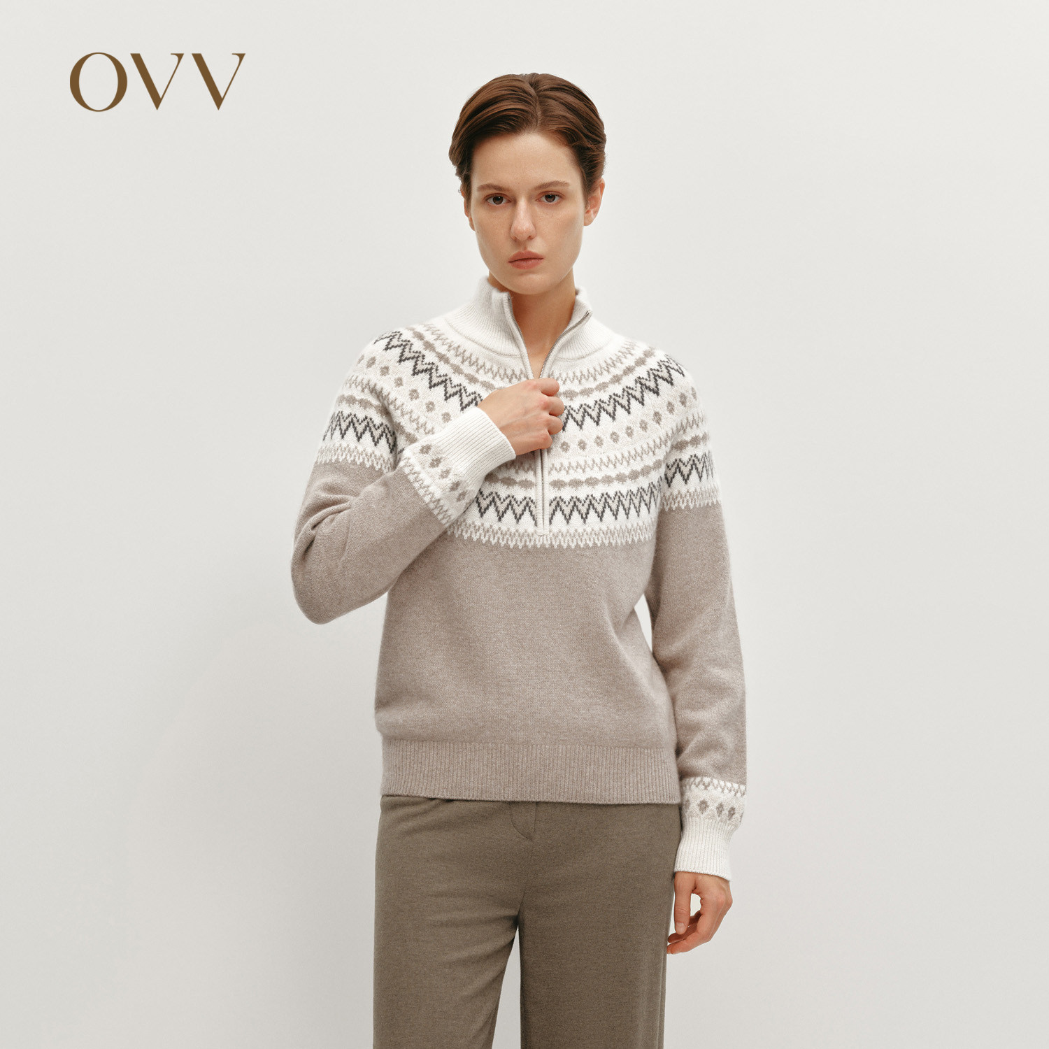 OVVOutlet秋冬热卖热卖女装复古费尔岛提花半开襟拉链长袖羊绒衫