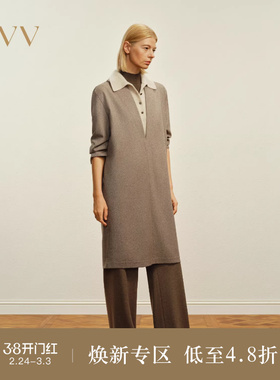 OVVOutlet秋冬热卖女装时尚简约直筒深V领套头长袖连衣裙