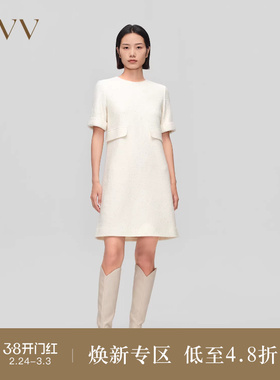 OVVOutlet秋冬新款女装针织羊毛珠片点缀中长款直筒短袖连衣裙