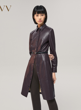 OVV Outlet秋冬女柔软pu皮料弹力保暖收腰衬衫式长袖连衣裙
