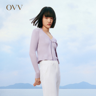 春夏新款 女丝棉混纺随附别针简约罗纹针织开衫 Outlet OVV 外套