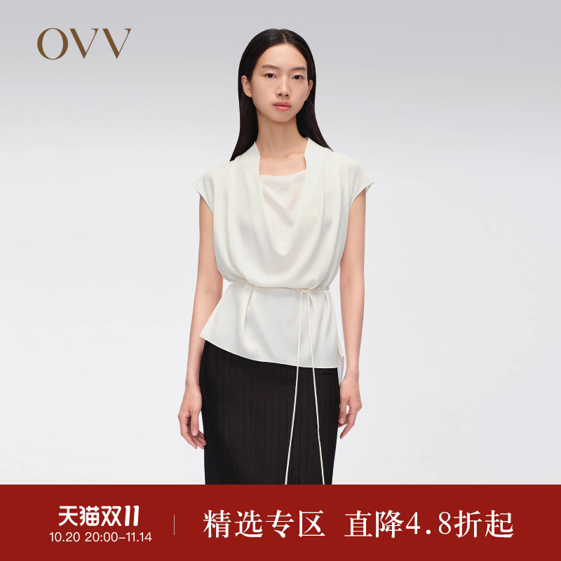 OVVOutlet春夏热卖女装20MM弹力双乔荡领配腰绳短袖衬衫