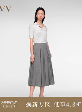 OVV春夏热卖女装羊毛混纺铆钉装饰A字百褶半身裙