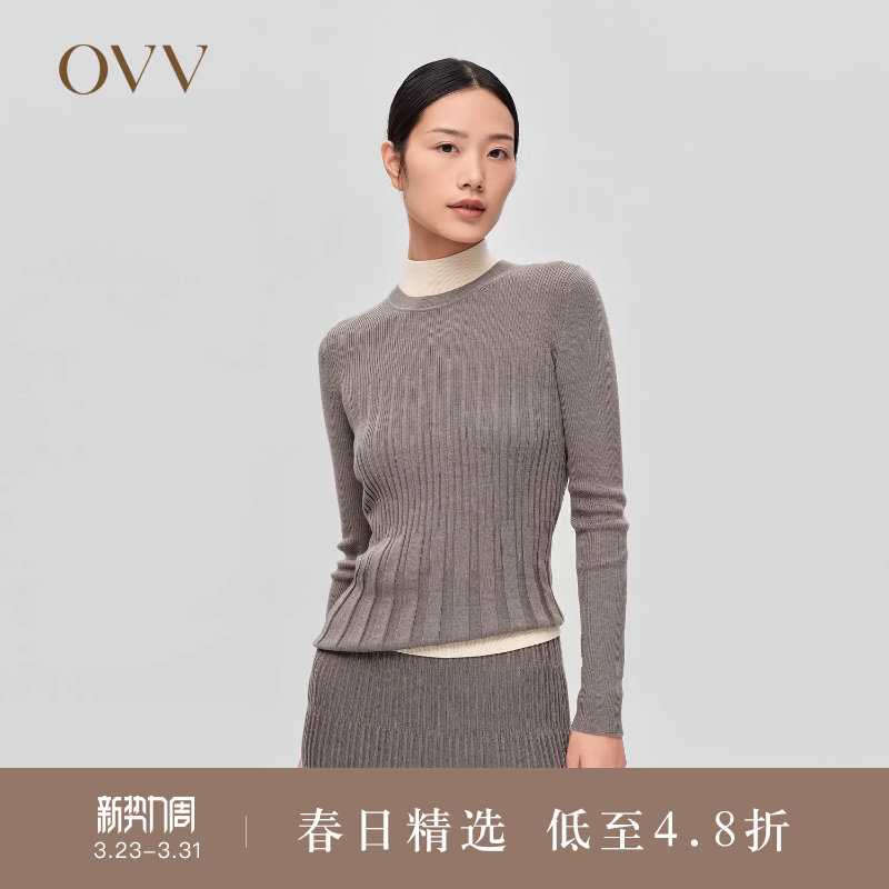 OVVOutlet秋冬新款女装丝羊毛竖条纹肌理圆领休闲长袖针织衫