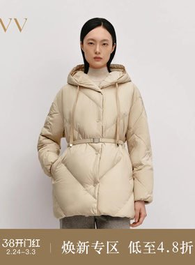 OVVOutlet秋冬热卖女装中长款连帽随附腰带直筒保暖羽绒服