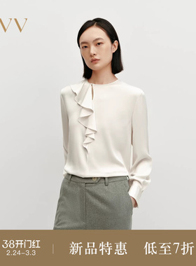 【日本进口三醋酸】OVVOutlet秋冬热卖新款女装荷叶边饰长袖衬衫