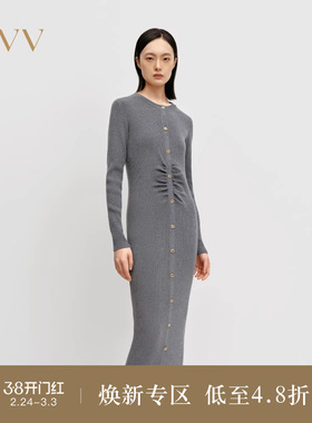 OVVOutlet秋冬热卖女装腰部抽褶修身长款圆领长袖连衣裙