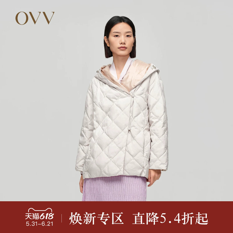 OVVOutlet秋冬新款女装翻领连帽防风正反双面穿薄款羽绒服外
