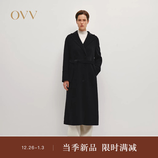 OVVOutlet秋冬热卖 女优雅平驳领随附腰带中长羊毛双面呢大衣 新款