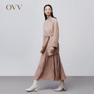 OVVOutlet秋冬女装 羊毛大衣 优雅荡领橡皮粉色腰带斗篷式