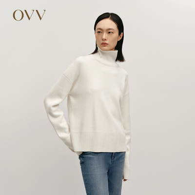 OVVOutlet秋冬热卖女装优雅时髦松弛长袖可翻折高领羊绒衫