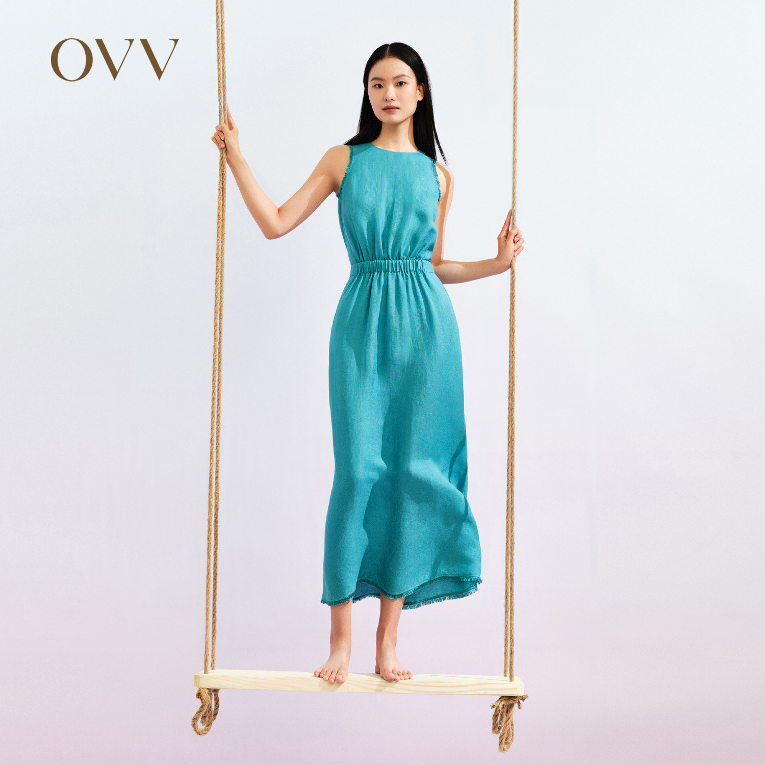 OVV春夏热卖女装流苏装饰A字镂空度假风浪漫无袖连衣裙