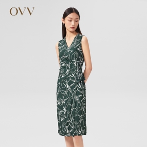 OVVOutlet春夏新款时尚V领针织精致印花收腰修身褶饰无袖连衣裙