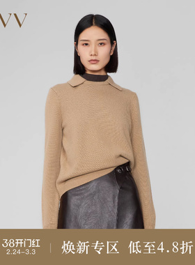 OVVOutlet秋冬新款女装羊绒文艺风翻领休闲经典长袖针织衫