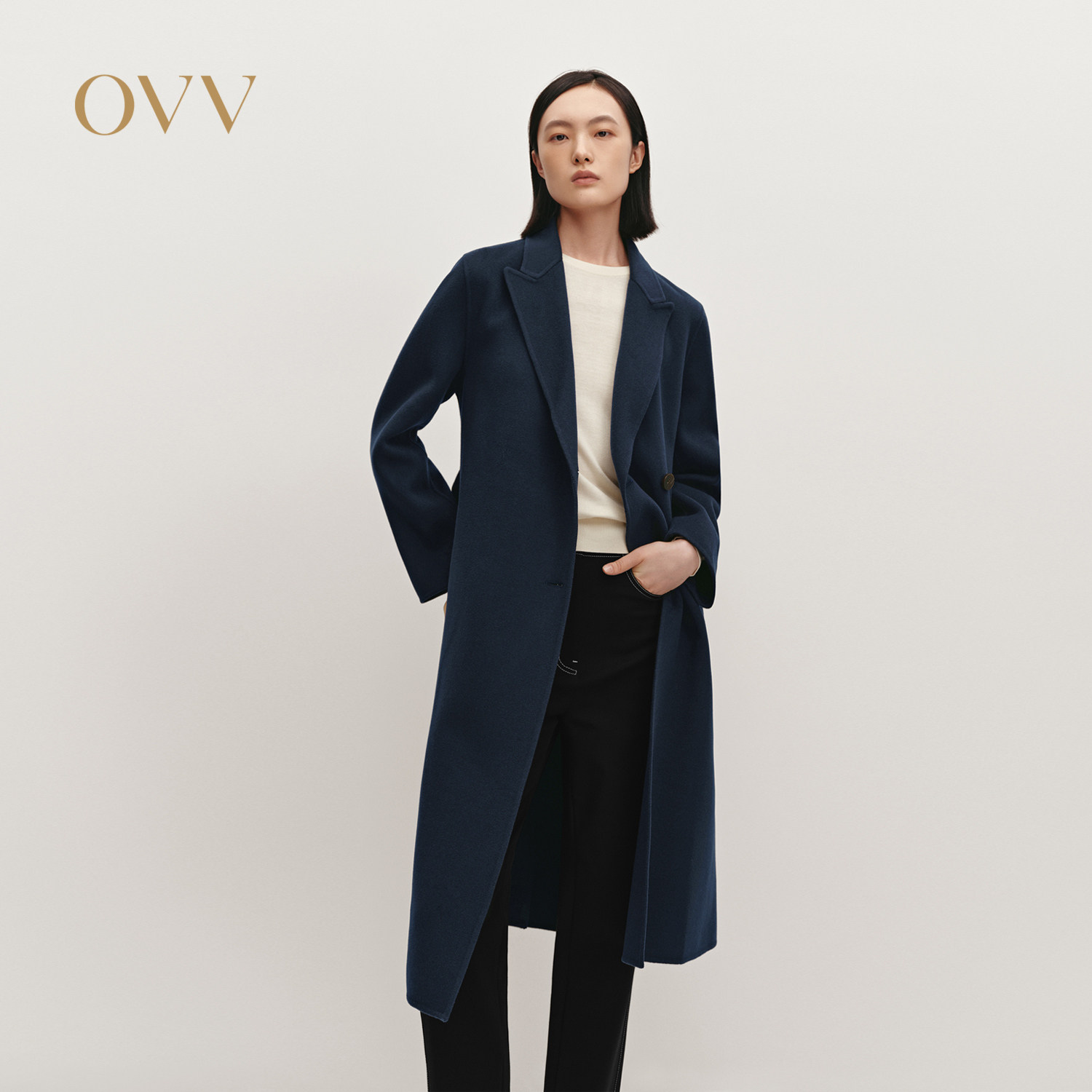 OVVOutlet秋冬热卖女装戗驳领休闲通勤保暖羊毛双面呢大衣
