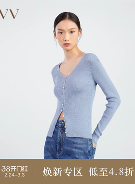 OVV春夏热卖女装桑蚕丝新疆长绒棉混纺V领彩虹扣长袖针织衫