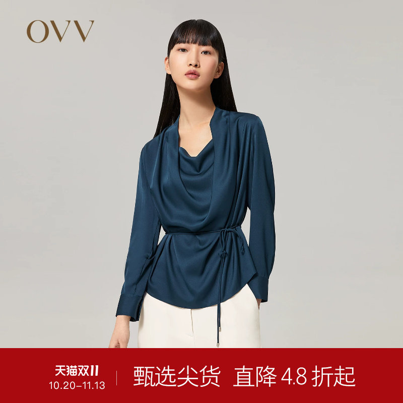 【重磅真丝】OVV秋冬女装22姆米双乔荡领收腰长袖衬衫