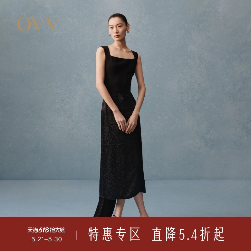 OVV春夏热卖女装方领宽肩带小黑裙优雅简约无袖连衣裙