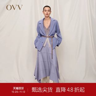 OVVOutlet秋冬热卖女针织羊毛两粒扣平驳领贴袋皮带单件西服外套