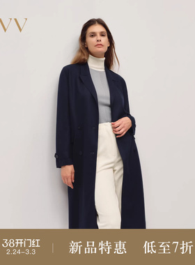 OVV2025秋冬新款女装精纺美丽诺羊毛双排扣西装领风衣