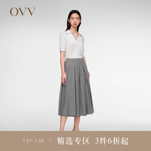 OVV2024春夏新款 饰A字百褶半身裙 女装 羊毛混纺铆钉装