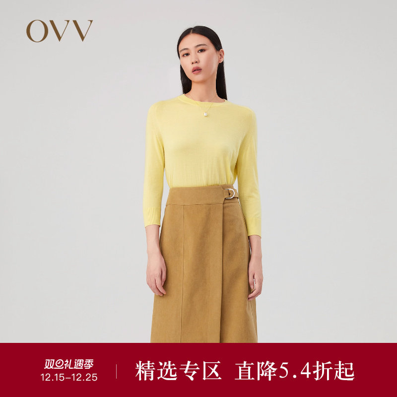 OVV Outlet秋冬新款女装丝羊绒马鞍肩经典圆领七分袖针织衫