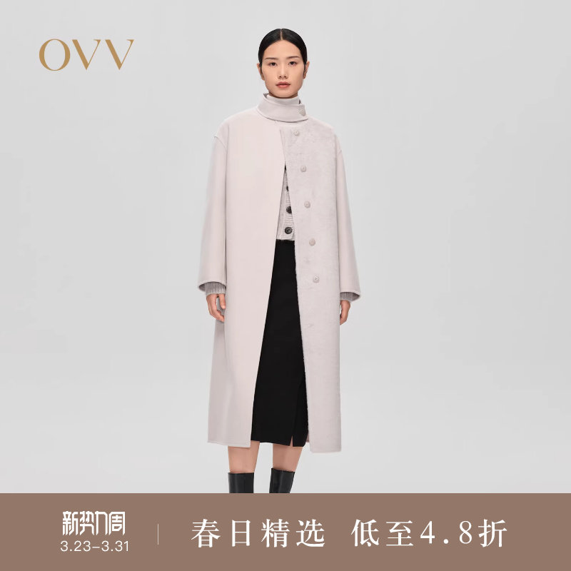 OVV秋冬热卖女装羊毛双面呢拼环保皮草配腰带长款大衣