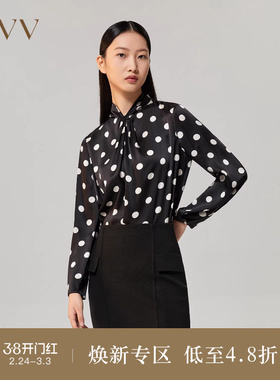 【重磅真丝】OVVOutlet秋冬女装20姆米缎面绉波点长袖休闲衬衫