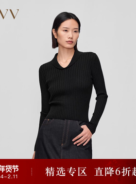 OVVOutlet秋冬新款女装丝羊毛青果领罗纹优雅修身长袖针织衫