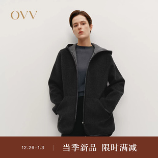 双面呢羊毛休闲时尚 OVVOutlet秋冬热卖 拉链连帽短款 女装 大衣 新款