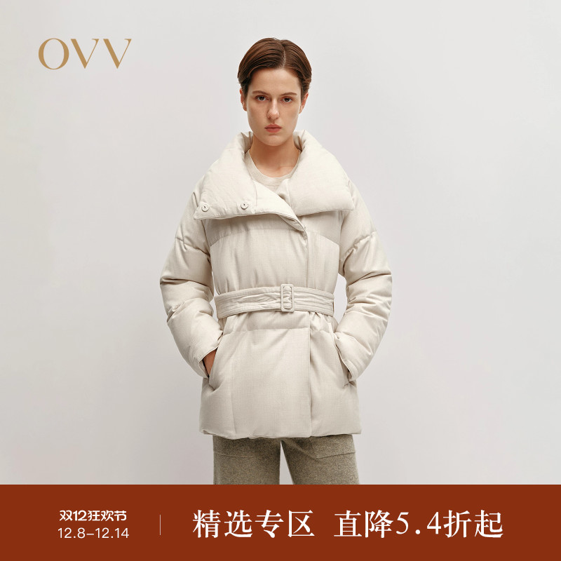 OVVOutlet秋冬热卖女装防风立领高级闪光薄花呢羽绒服外套